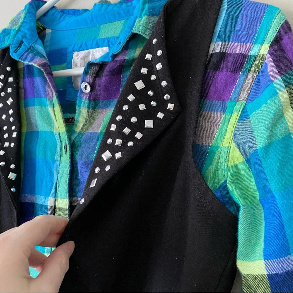Justice Girls Button-up Plaid Shirt with a Studded Vest Size 14